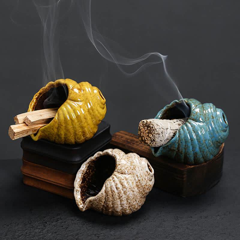 Buddha Stones Quemadores de incienso de cerámica con forma de caracola Shankha para purificación - image 19