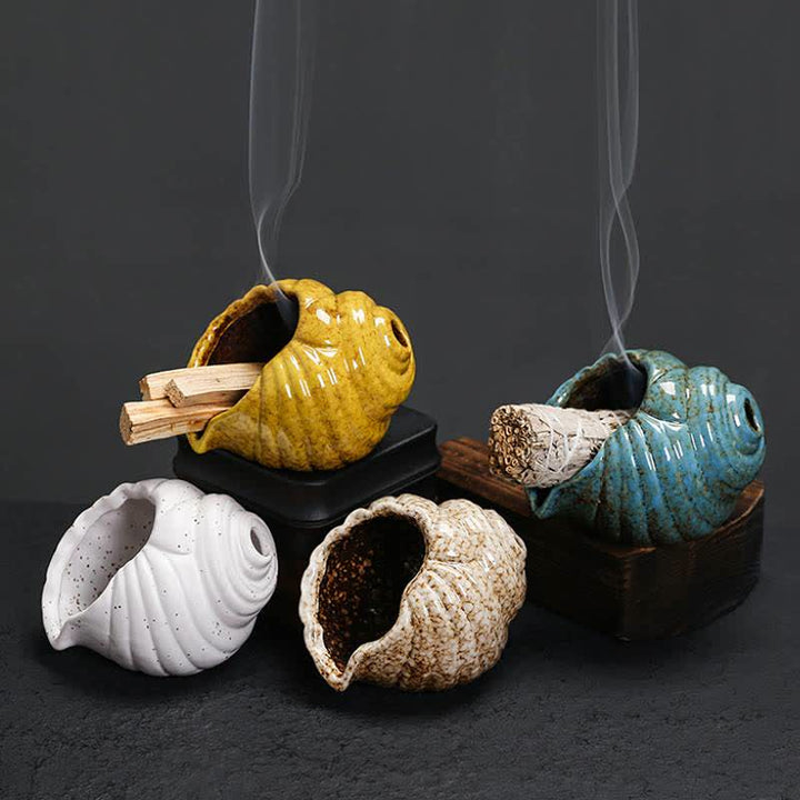 Buddha Stones Quemadores de incienso de cerámica con forma de caracola Shankha para purificación - image 20