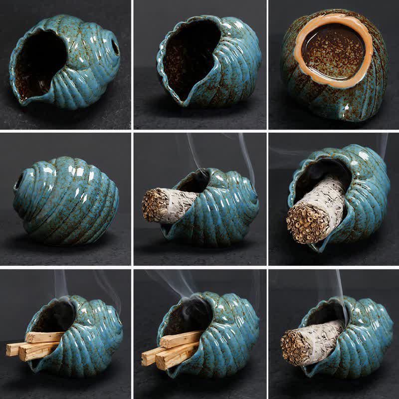Buddha Stones Quemadores de incienso de cerámica con forma de caracola Shankha para purificación - image 6