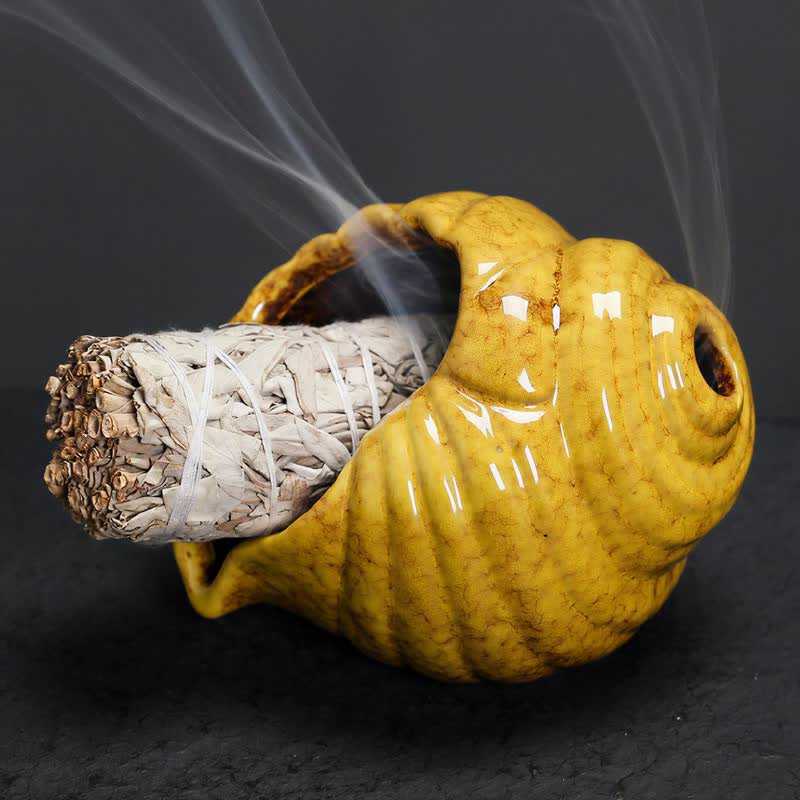 Buddha Stones Quemadores de incienso de cerámica con forma de caracola Shankha para purificación - Amarillo - image 13