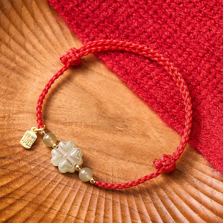 Pulsera de hilo rojo con Buddha Stones, jade Hetian natural, trébol de cuatro hojas y carácter Fu, símbolo de la suerte. - image 2