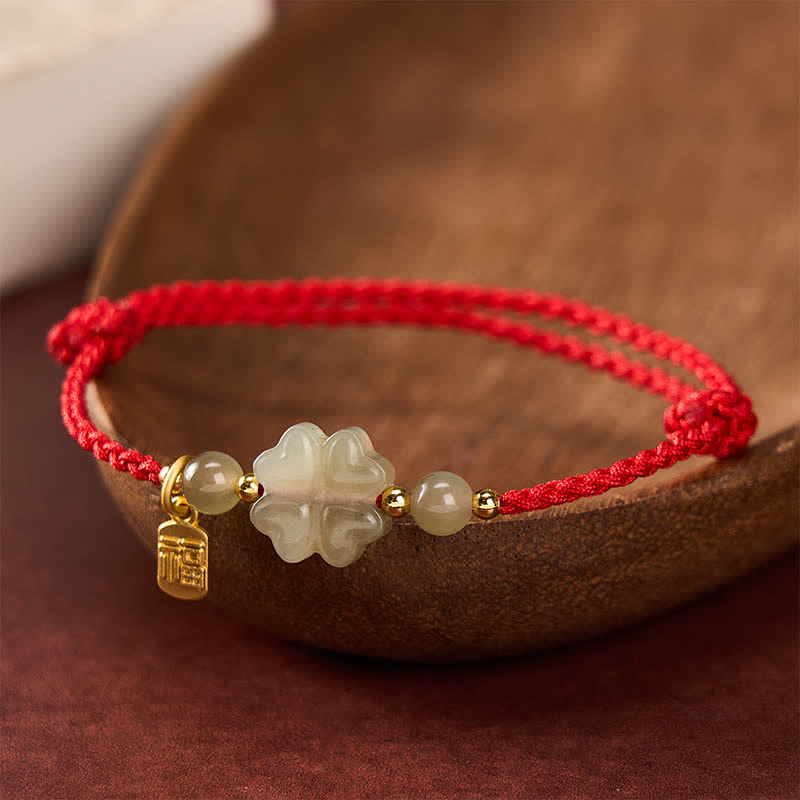 Pulsera de hilo rojo con Buddha Stones, jade Hetian natural, trébol de cuatro hojas y carácter Fu, símbolo de la suerte. - image 3