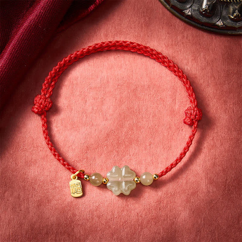 Pulsera de hilo rojo con Buddha Stones, jade Hetian natural, trébol de cuatro hojas y carácter Fu, símbolo de la suerte. - image 1