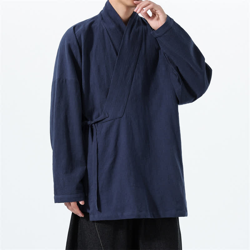 Buddha Stones Kimono de hombre de algodón liso con cordón ajustable, estilo Tang sencillo, para otoño/invierno, con bolsillo. - image 1