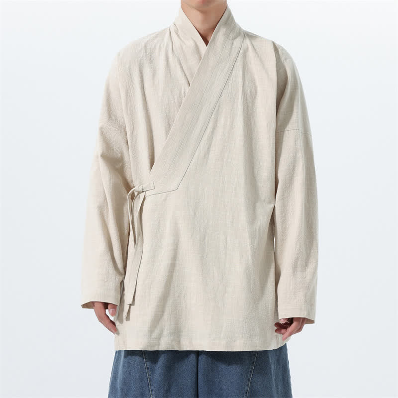 Buddha Stones Kimono de hombre de algodón liso con cordón ajustable, estilo Tang sencillo, para otoño/invierno, con bolsillo. - Beige - US/UK/AU46, EU56 (5XL) - image 17
