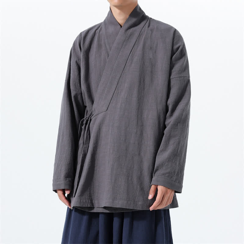 Buddha Stones Kimono de hombre de algodón liso con cordón ajustable, estilo Tang sencillo, para otoño/invierno, con bolsillo. - Gris oscuro - US/UK/AU46, EU56 (5XL) - image 7