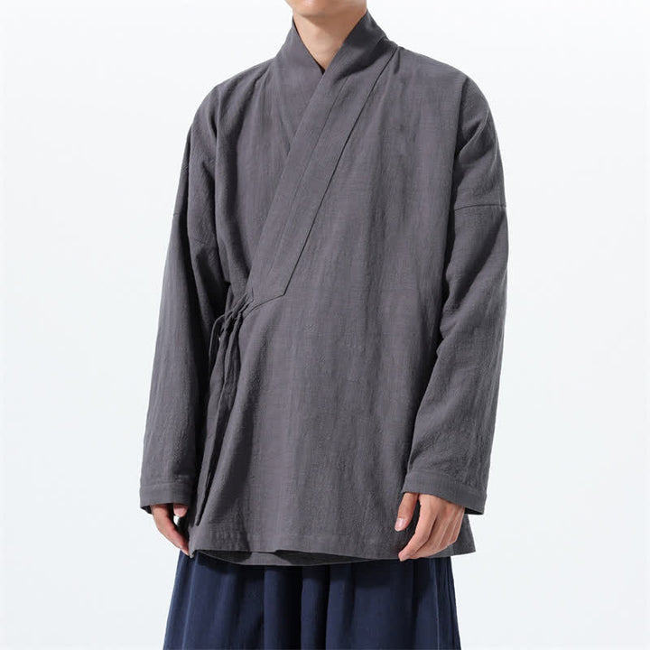 Buddha Stones Kimono de hombre de algodón liso con cordón ajustable, estilo Tang sencillo, para otoño/invierno, con bolsillo. - Gris oscuro - US/UK/AU46, EU56 (5XL) - image 7
