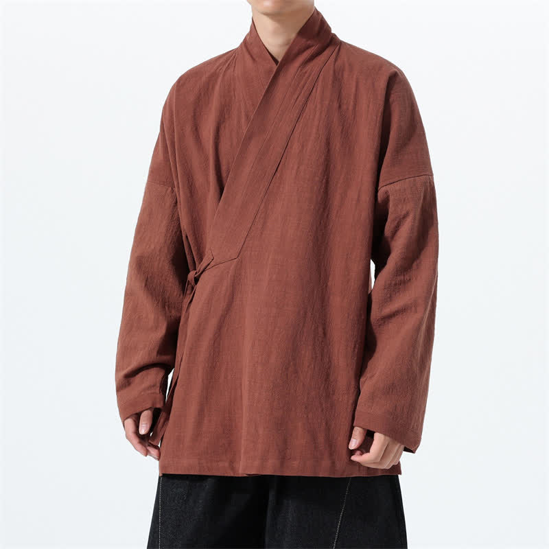 Buddha Stones Kimono de hombre de algodón liso con cordón ajustable, estilo Tang sencillo, para otoño/invierno, con bolsillo. - Tierra de siena - US/UK/AU46, EU56 (5XL) - image 27