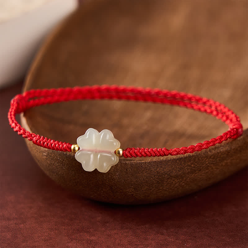 Pulsera de trébol de cuatro hojas de jade Hetian natural con Buddha Stones - Trébol de cuatro hojas (circunferencia de la muñeca: 16-18 cm) - image 0