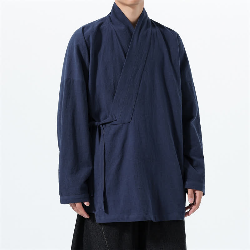 Buddha Stones Kimono de hombre de algodón liso con cordón ajustable, estilo Tang sencillo, para otoño/invierno, con bolsillo. - image 2