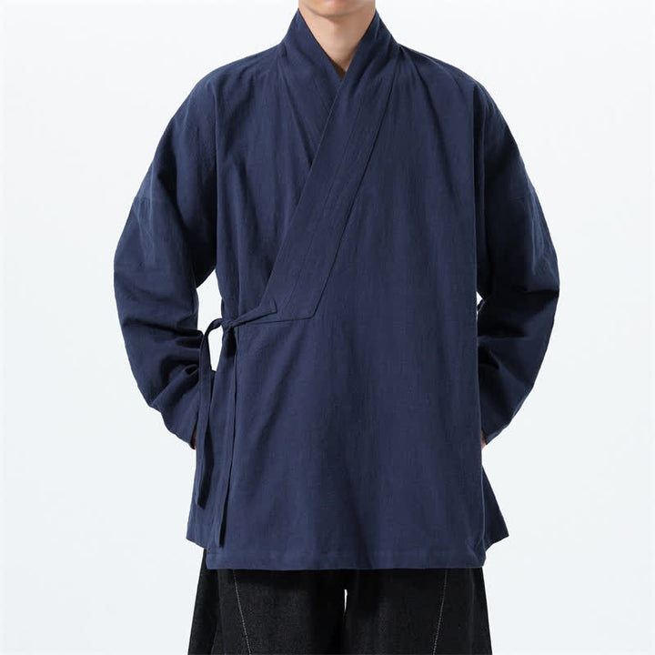 Buddha Stones Kimono de hombre de algodón liso con cordón ajustable, estilo Tang sencillo, para otoño/invierno, con bolsillo. - Marina de guerra - US/UK/AU46, EU56 (5XL) - image 0