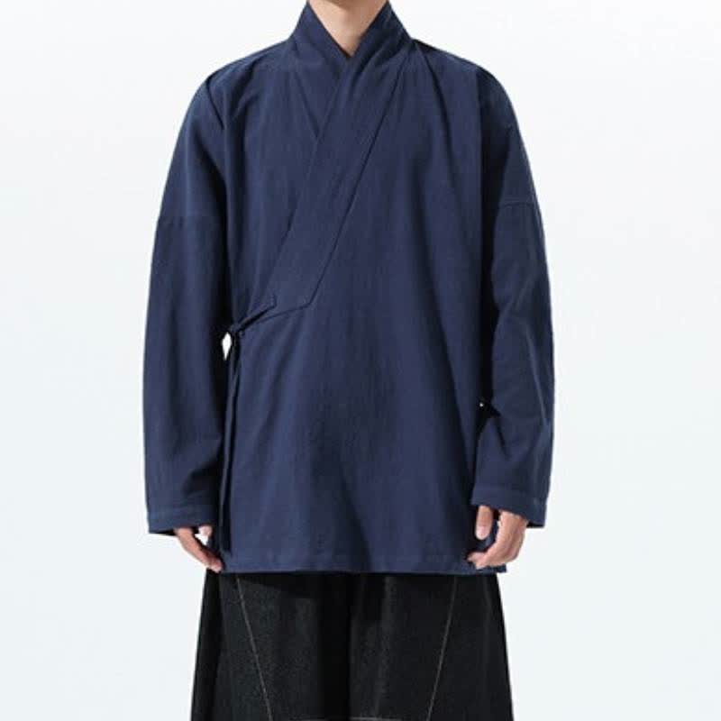 Buddha Stones Kimono de hombre de algodón liso con cordón ajustable, estilo Tang sencillo, para otoño/invierno, con bolsillo. - image 6