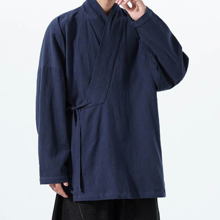 Buddha Stones Kimono de hombre de algodón liso con cordón ajustable, estilo Tang sencillo, para otoño/invierno, con bolsillo. - image 4