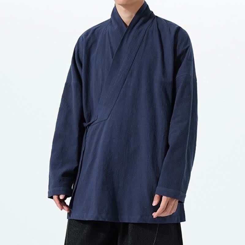 Buddha Stones Kimono de hombre de algodón liso con cordón ajustable, estilo Tang sencillo, para otoño/invierno, con bolsillo. - image 3