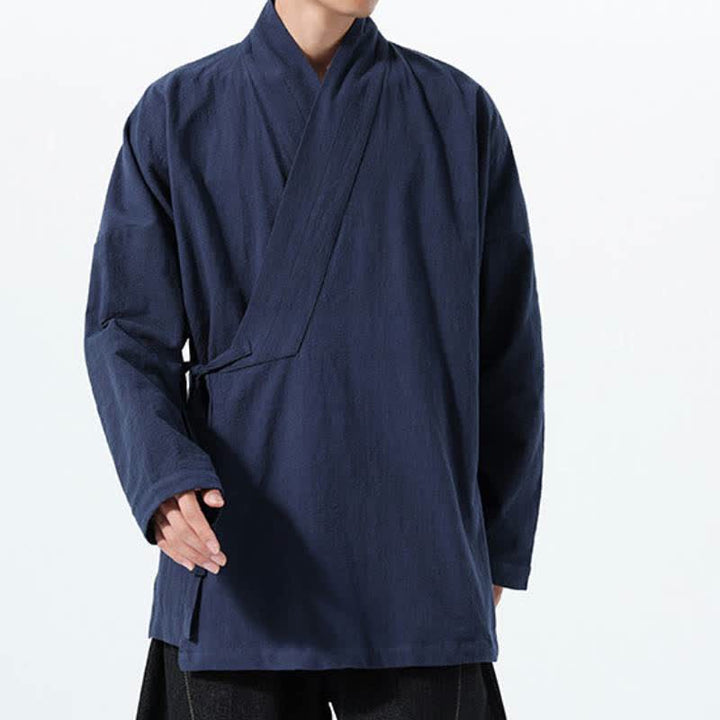 Buddha Stones Kimono de hombre de algodón liso con cordón ajustable, estilo Tang sencillo, para otoño/invierno, con bolsillo. - image 5