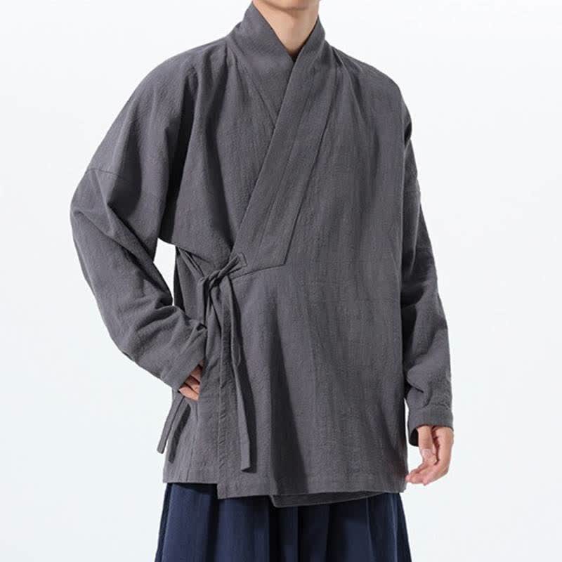 Buddha Stones Kimono de hombre de algodón liso con cordón ajustable, estilo Tang sencillo, para otoño/invierno, con bolsillo. - image 9