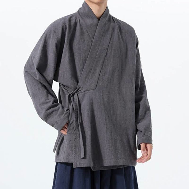Buddha Stones Kimono de hombre de algodón liso con cordón ajustable, estilo Tang sencillo, para otoño/invierno, con bolsillo. - image 9
