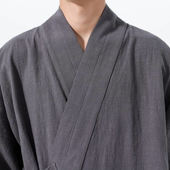 Buddha Stones Kimono de hombre de algodón liso con cordón ajustable, estilo Tang sencillo, para otoño/invierno, con bolsillo. - image 13