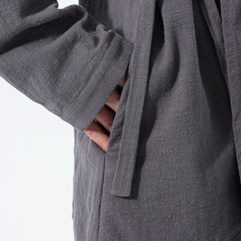 Buddha Stones Kimono de hombre de algodón liso con cordón ajustable, estilo Tang sencillo, para otoño/invierno, con bolsillo. - image 15