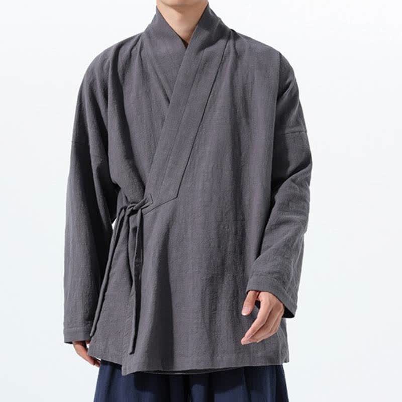 Buddha Stones Kimono de hombre de algodón liso con cordón ajustable, estilo Tang sencillo, para otoño/invierno, con bolsillo. - image 10