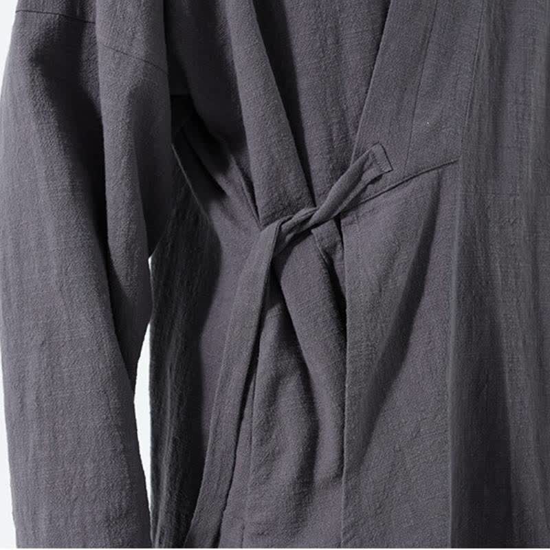 Buddha Stones Kimono de hombre de algodón liso con cordón ajustable, estilo Tang sencillo, para otoño/invierno, con bolsillo. - image 14