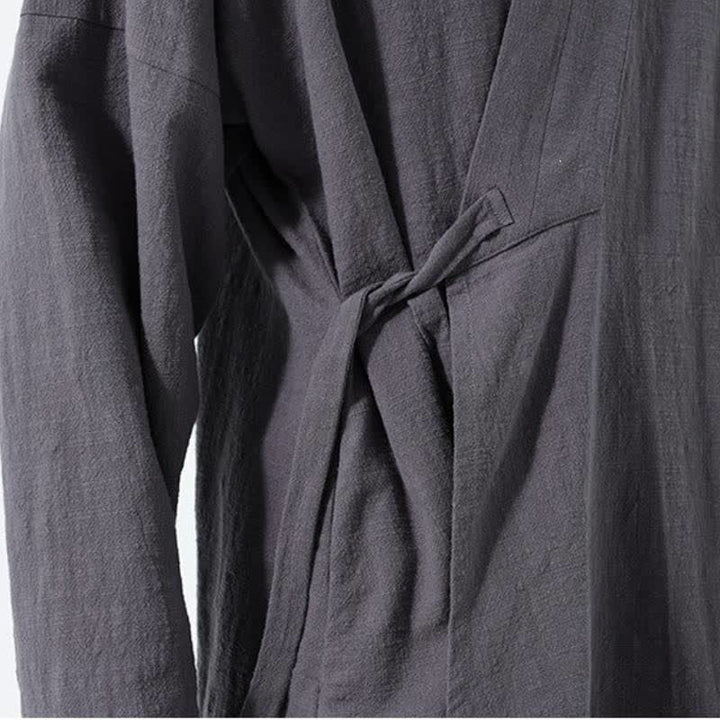 Buddha Stones Kimono de hombre de algodón liso con cordón ajustable, estilo Tang sencillo, para otoño/invierno, con bolsillo. - image 14