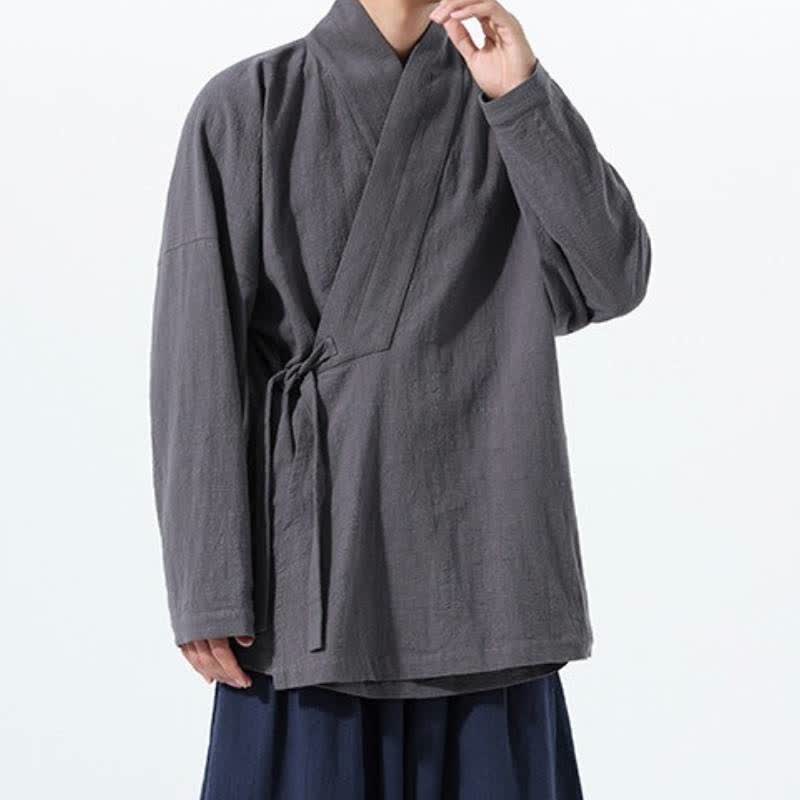 Buddha Stones Kimono de hombre de algodón liso con cordón ajustable, estilo Tang sencillo, para otoño/invierno, con bolsillo. - image 12
