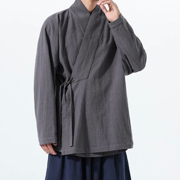 Buddha Stones Kimono de hombre de algodón liso con cordón ajustable, estilo Tang sencillo, para otoño/invierno, con bolsillo. - image 12