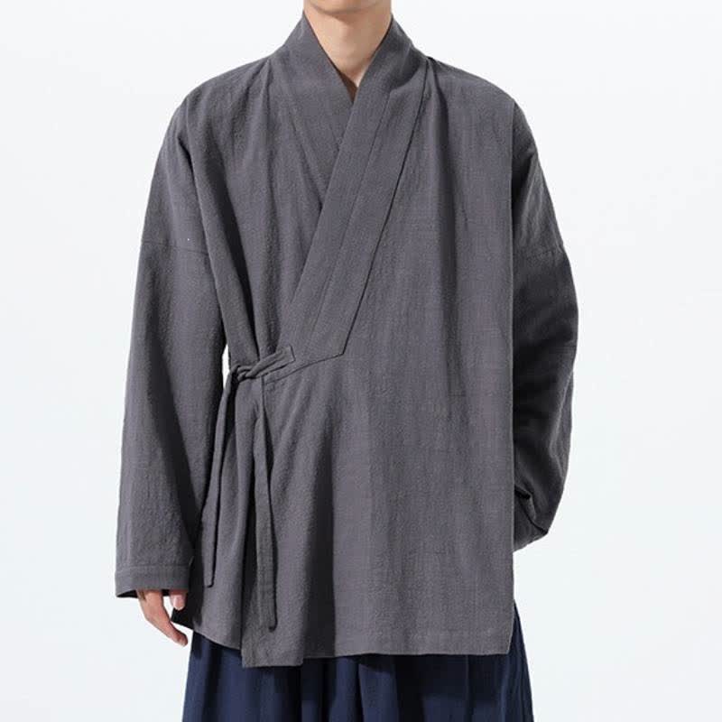 Buddha Stones Kimono de hombre de algodón liso con cordón ajustable, estilo Tang sencillo, para otoño/invierno, con bolsillo. - image 8