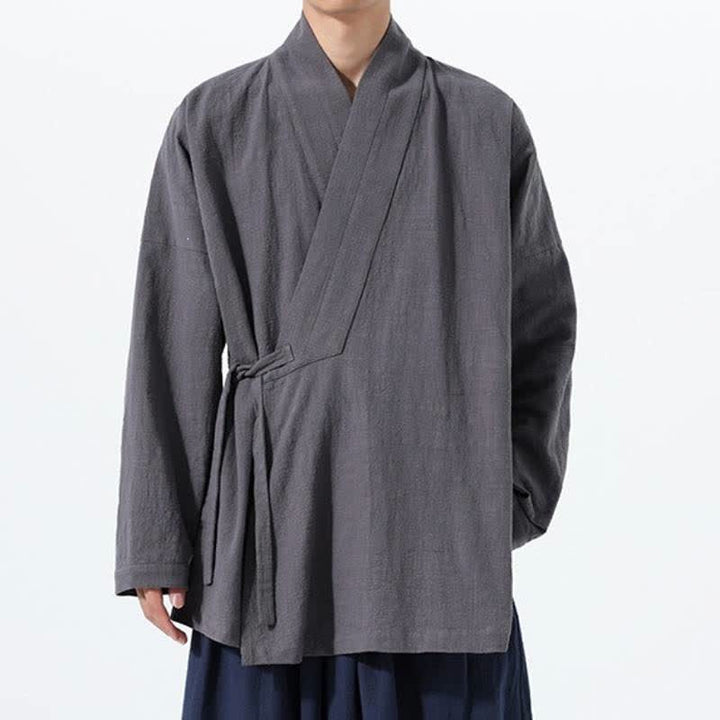 Buddha Stones Kimono de hombre de algodón liso con cordón ajustable, estilo Tang sencillo, para otoño/invierno, con bolsillo. - image 8