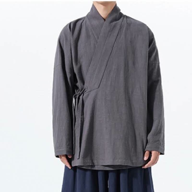 Buddha Stones Kimono de hombre de algodón liso con cordón ajustable, estilo Tang sencillo, para otoño/invierno, con bolsillo. - image 11