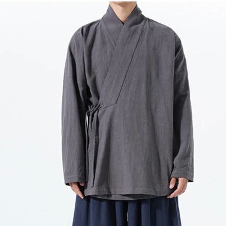 Buddha Stones Kimono de hombre de algodón liso con cordón ajustable, estilo Tang sencillo, para otoño/invierno, con bolsillo. - image 11