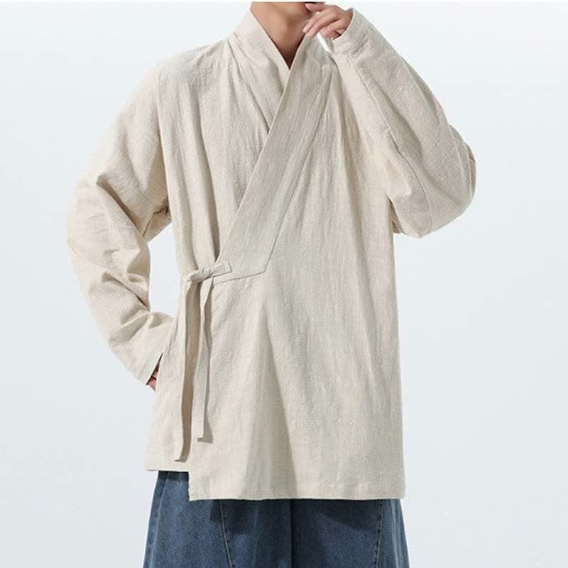 Buddha Stones Kimono de hombre de algodón liso con cordón ajustable, estilo Tang sencillo, para otoño/invierno, con bolsillo. - image 18