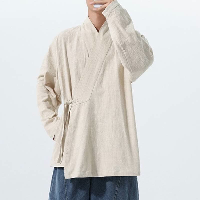 Buddha Stones Kimono de hombre de algodón liso con cordón ajustable, estilo Tang sencillo, para otoño/invierno, con bolsillo. - image 20