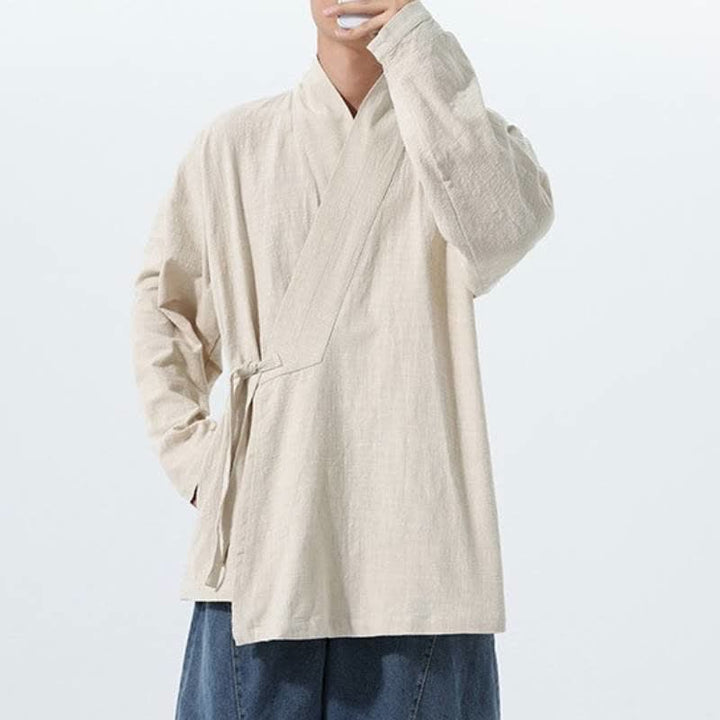 Buddha Stones Kimono de hombre de algodón liso con cordón ajustable, estilo Tang sencillo, para otoño/invierno, con bolsillo. - image 20