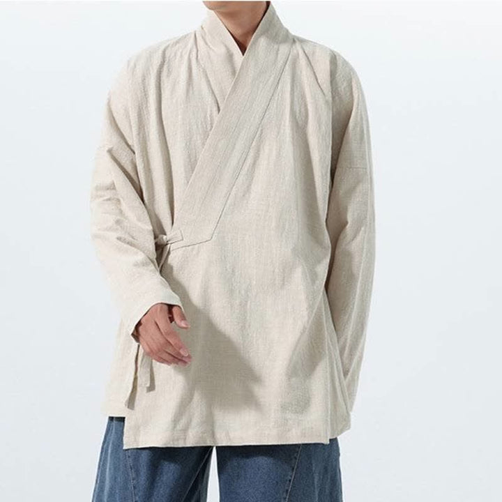 Buddha Stones Kimono de hombre de algodón liso con cordón ajustable, estilo Tang sencillo, para otoño/invierno, con bolsillo. - image 22