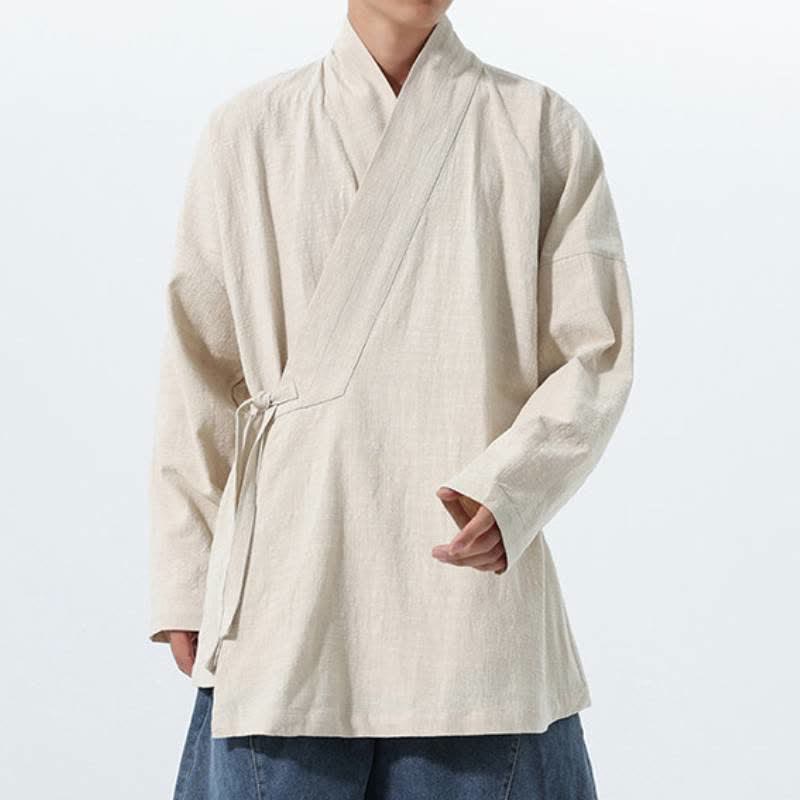 Buddha Stones Kimono de hombre de algodón liso con cordón ajustable, estilo Tang sencillo, para otoño/invierno, con bolsillo. - image 19
