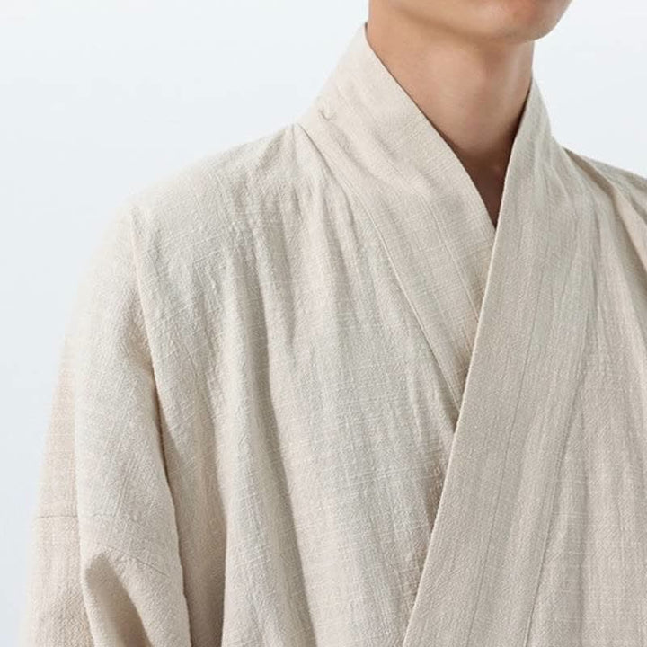 Buddha Stones Kimono de hombre de algodón liso con cordón ajustable, estilo Tang sencillo, para otoño/invierno, con bolsillo. - image 24