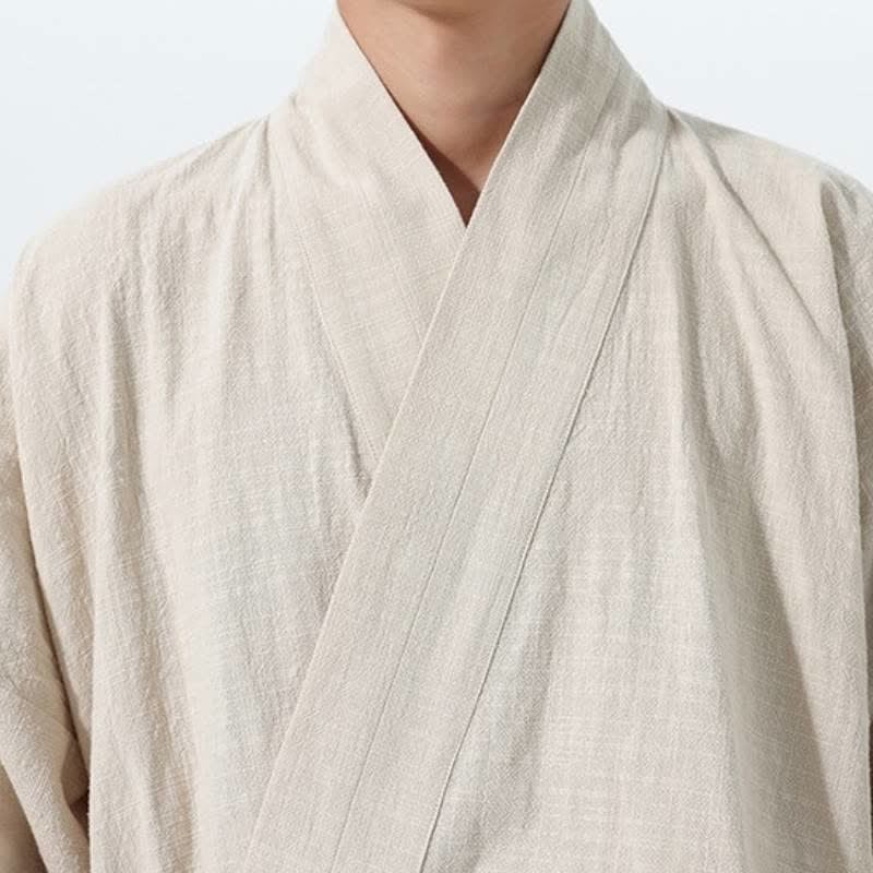 Buddha Stones Kimono de hombre de algodón liso con cordón ajustable, estilo Tang sencillo, para otoño/invierno, con bolsillo. - image 23