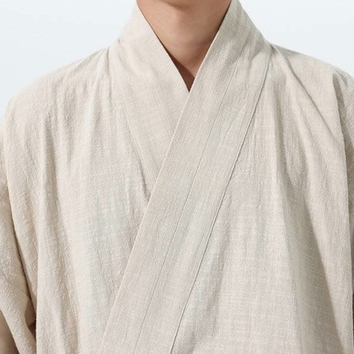 Buddha Stones Kimono de hombre de algodón liso con cordón ajustable, estilo Tang sencillo, para otoño/invierno, con bolsillo. - image 23