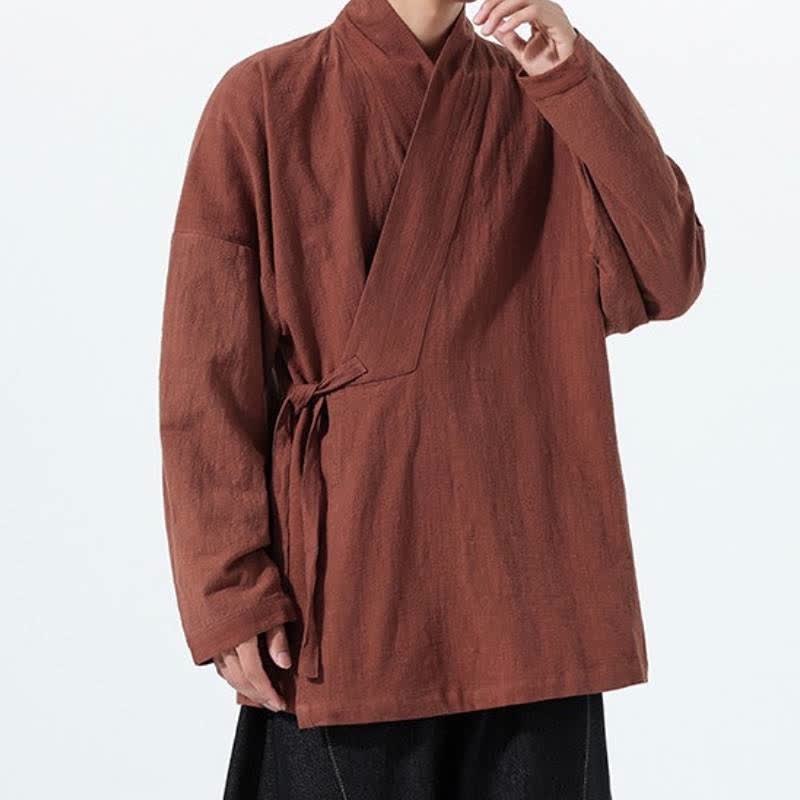 Buddha Stones Kimono de hombre de algodón liso con cordón ajustable, estilo Tang sencillo, para otoño/invierno, con bolsillo. - image 32