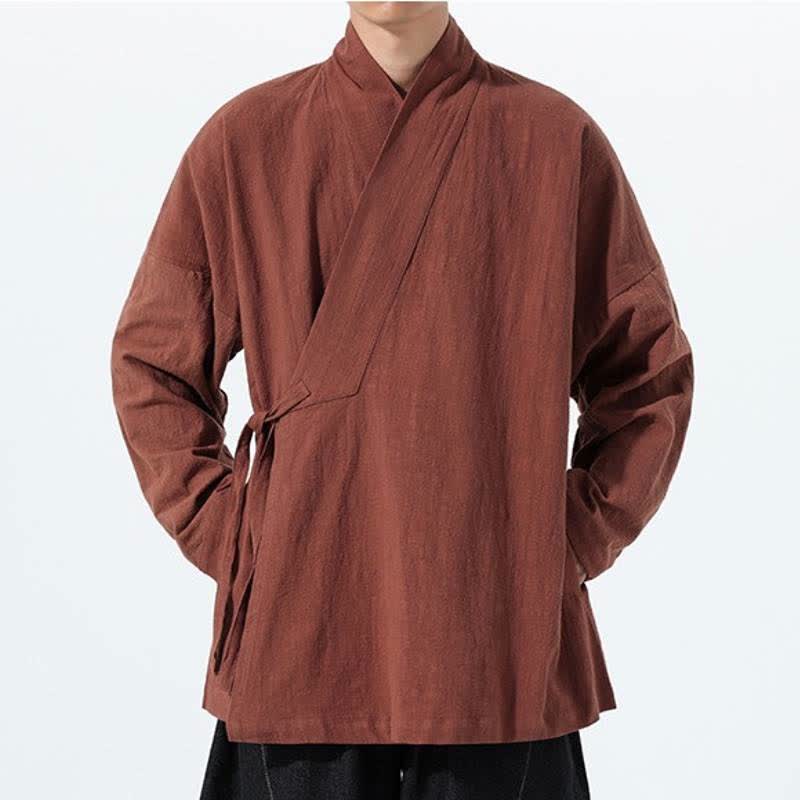 Buddha Stones Kimono de hombre de algodón liso con cordón ajustable, estilo Tang sencillo, para otoño/invierno, con bolsillo. - image 30