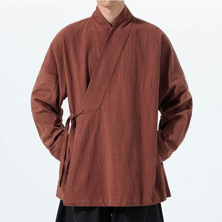 Buddha Stones Kimono de hombre de algodón liso con cordón ajustable, estilo Tang sencillo, para otoño/invierno, con bolsillo. - image 30