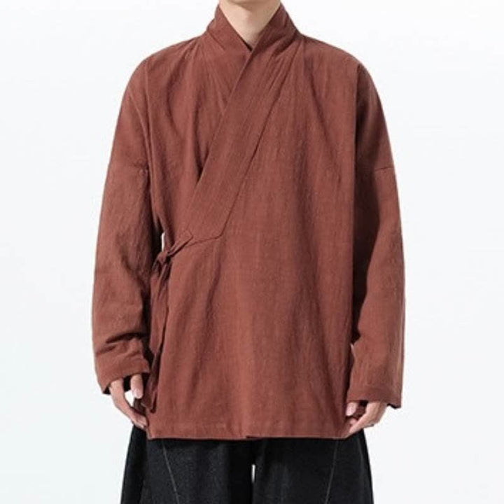 Buddha Stones Kimono de hombre de algodón liso con cordón ajustable, estilo Tang sencillo, para otoño/invierno, con bolsillo. - image 28