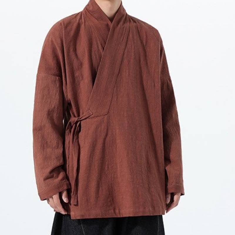 Buddha Stones Kimono de hombre de algodón liso con cordón ajustable, estilo Tang sencillo, para otoño/invierno, con bolsillo. - image 29