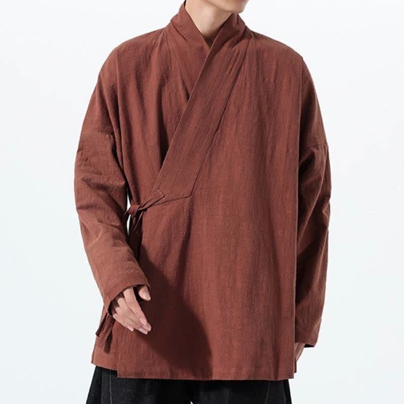 Buddha Stones Kimono de hombre de algodón liso con cordón ajustable, estilo Tang sencillo, para otoño/invierno, con bolsillo. - image 31