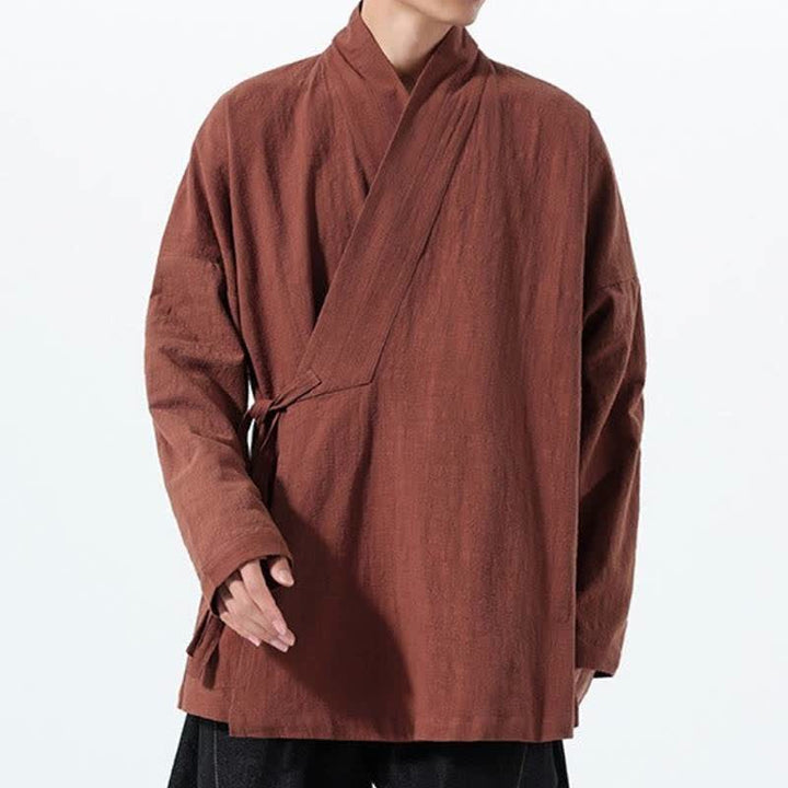 Buddha Stones Kimono de hombre de algodón liso con cordón ajustable, estilo Tang sencillo, para otoño/invierno, con bolsillo. - image 31