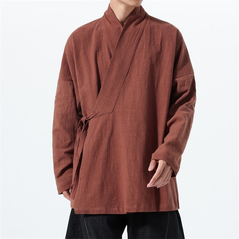 Buddha Stones Kimono de hombre de algodón liso con cordón ajustable, estilo Tang sencillo, para otoño/invierno, con bolsillo. - image 33