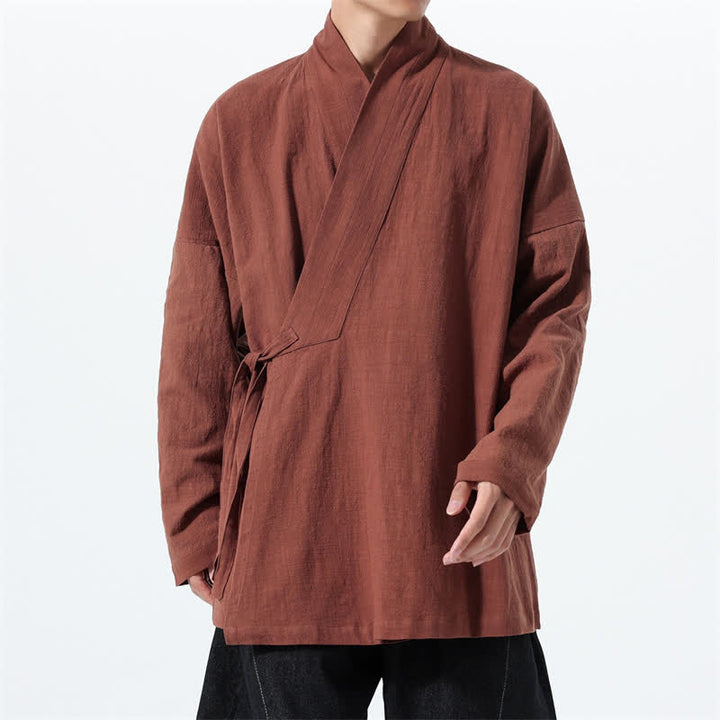 Buddha Stones Kimono de hombre de algodón liso con cordón ajustable, estilo Tang sencillo, para otoño/invierno, con bolsillo. - image 33
