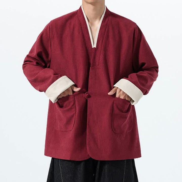 Buddha Stones Chaqueta de hombre de estilo casual otoñal con cuello en V, botones de rana y bolsillos. - image 1